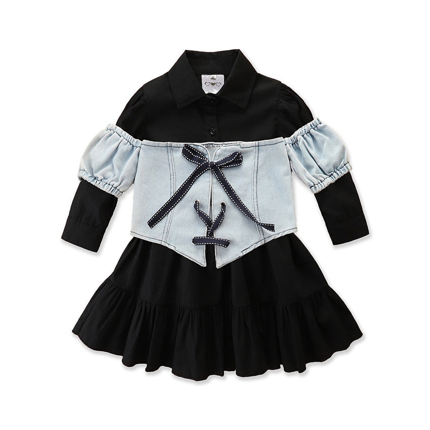 Girl's Black Dress & Denim Jacket Set