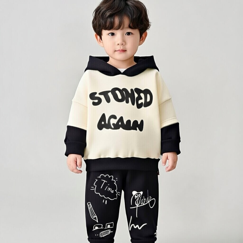 Boy's Cotton Winter Full Sleeves Black Stoned Printed Sweatshirt & Jogger Pant Set - Black