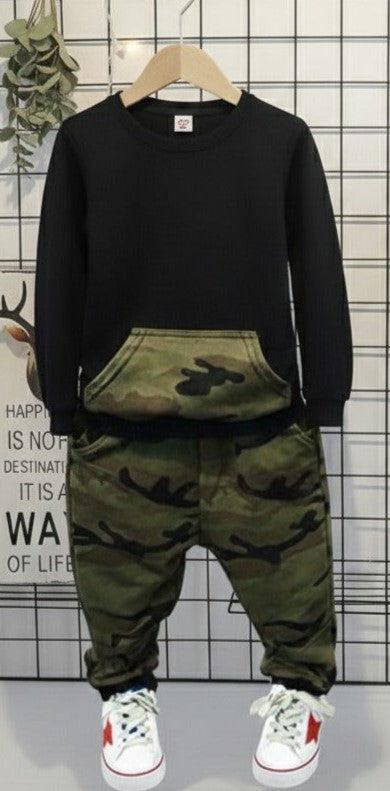 Boys Cotton Light Winter Knit Rainbow & Camouflage Printed Sweatshirt T-shirt and Bottoms Set Pack of 2 - Black & White