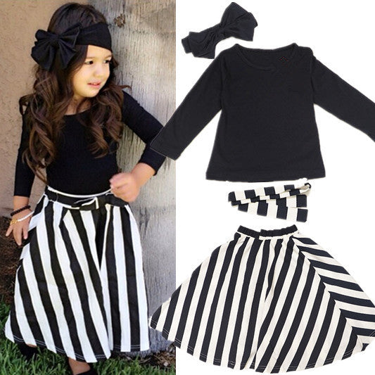 Black Full Sleeves Top with Headband Big Bow and Striped Skirt