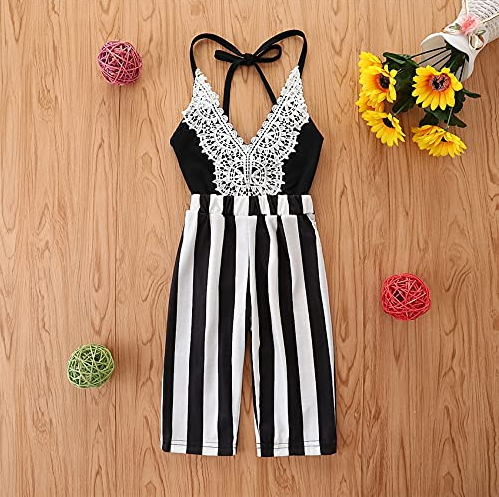 Girl's Black Striped Backless Jumpsuit