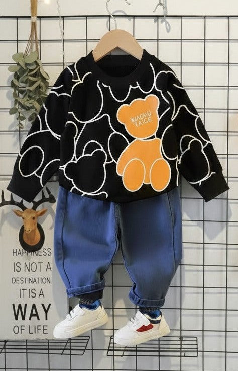 Boys Cotton Light Winter Knit Teddy & Lion  Printed Sweatshirt T-shirt and Bottom Set Pack of 2 - Black & Orange