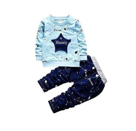 Googo Gaaga Boy's Cotton Star Printed Full Sleeves Sweatshirt with Pant Set in Blue Color