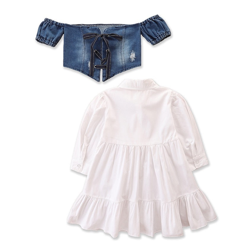 Girl's White Dress & Denim Jacket Set