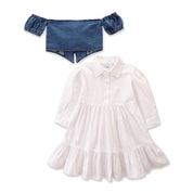 Girl's White Dress & Denim Jacket Set
