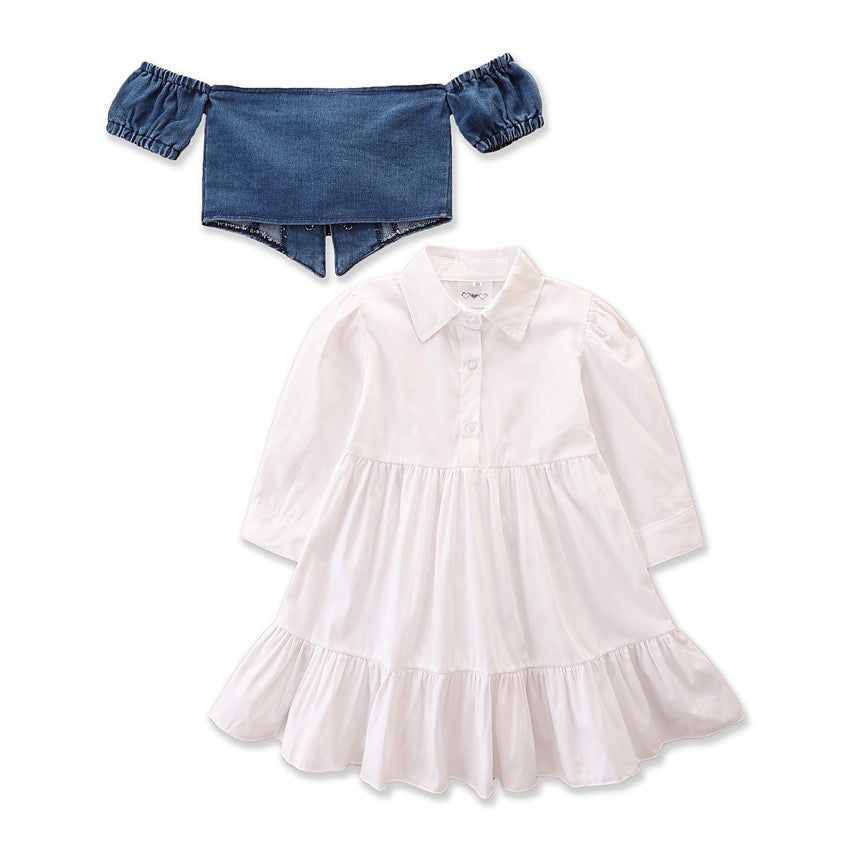 Girl's White Dress & Denim Jacket Set