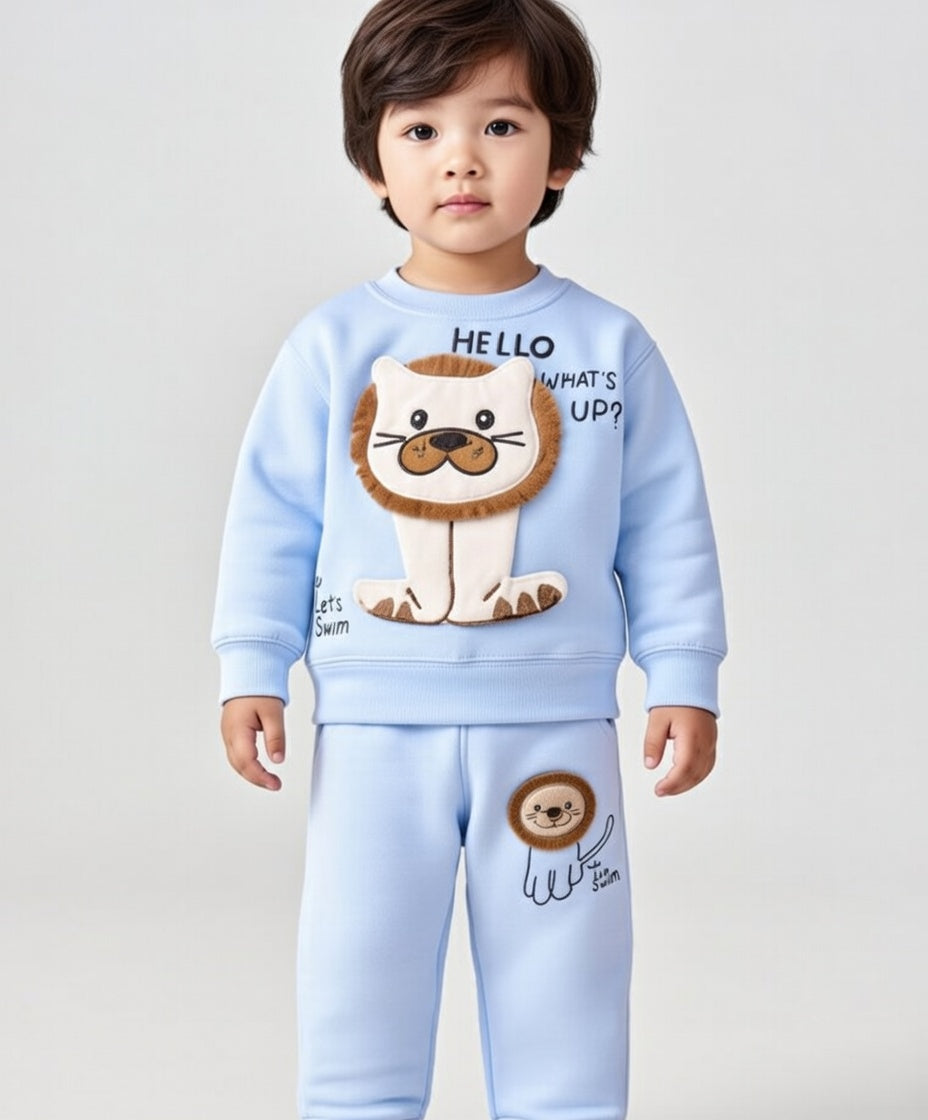 Boy's Cotton Winter Full Sleeves Hello Lion Printed Sweatshirt & Jogger Pant Set - Blue