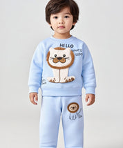 Boy's Cotton Winter Full Sleeves Hello Lion Printed Sweatshirt & Jogger Pant Set - Blue