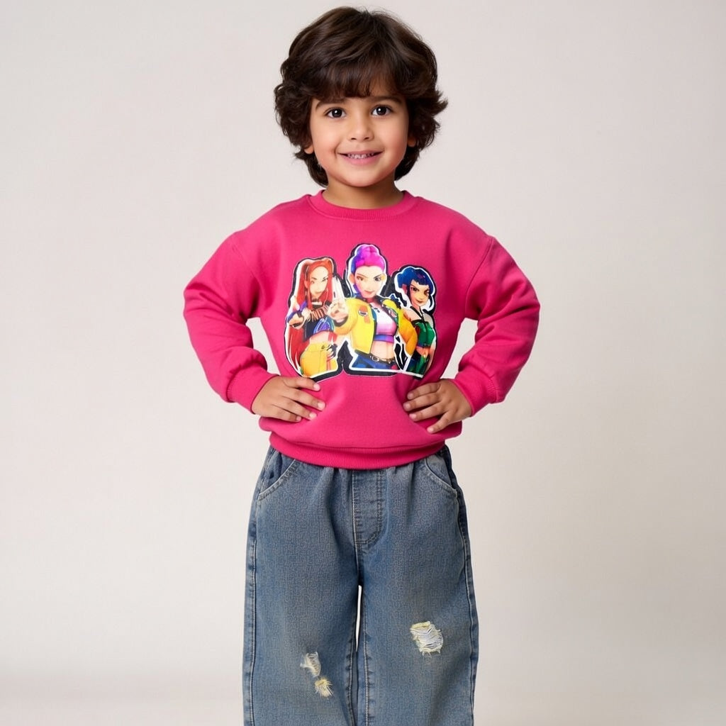 Girl's Cotton Nova Printed Sweatshirt With Jeans Set - Pink