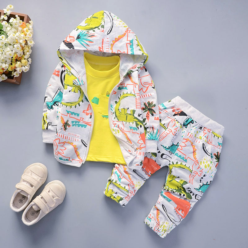 Boys Cotton Knit Full Sleeves Semi Winter All Over Print Sweatshirt & Joggers Set Pack Of 2 - Dino Hoodie & OrangeLetter
