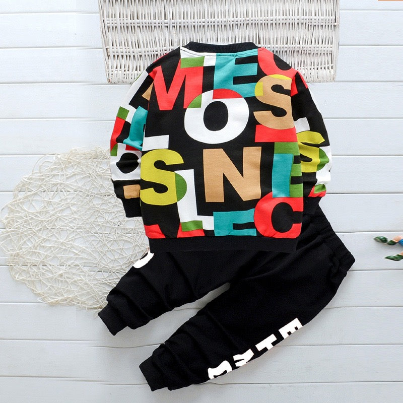 Boy's Cotton Letter Printed Black Sweatshirt with Pant