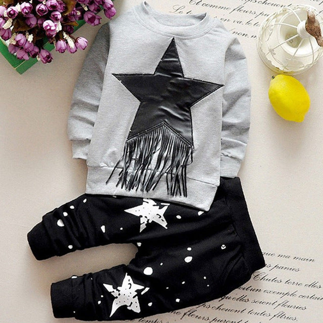 Elegant Grey Star Applique Full Sleeves Sweatshirt With Pant Set