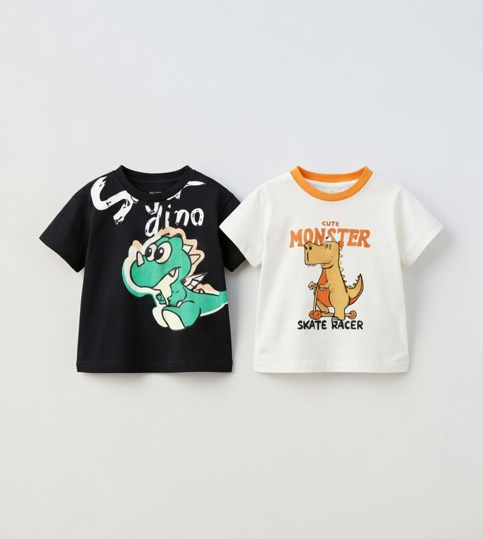 Boy's 2-Pack Super Dino and Monster Print T-Shirts - Black & White