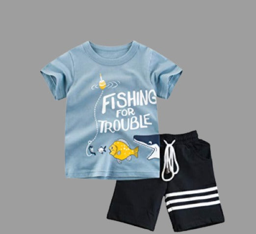 Googo Gaaga Boys "Fishing For Trouble" Printed T-Shirt With Shorts In Blue Colour