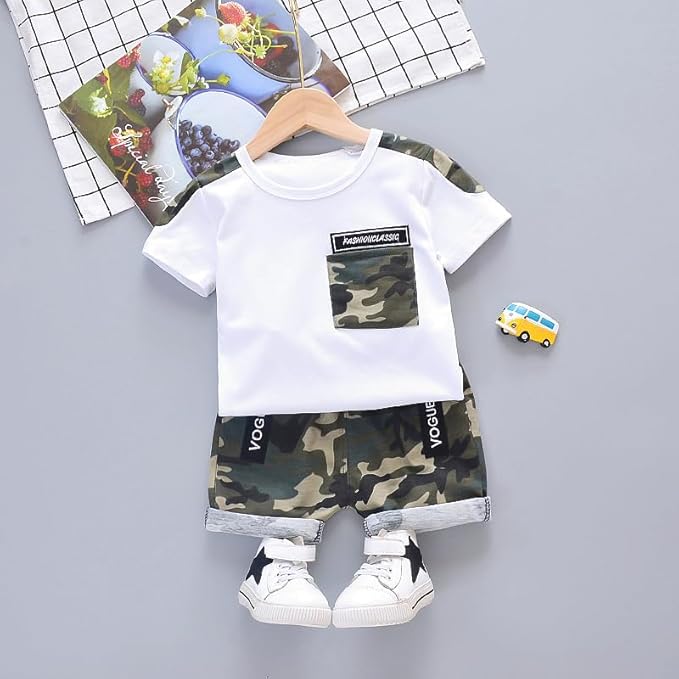 Googogaaga Boys Cotton T-Shirt with Shorts in White colour