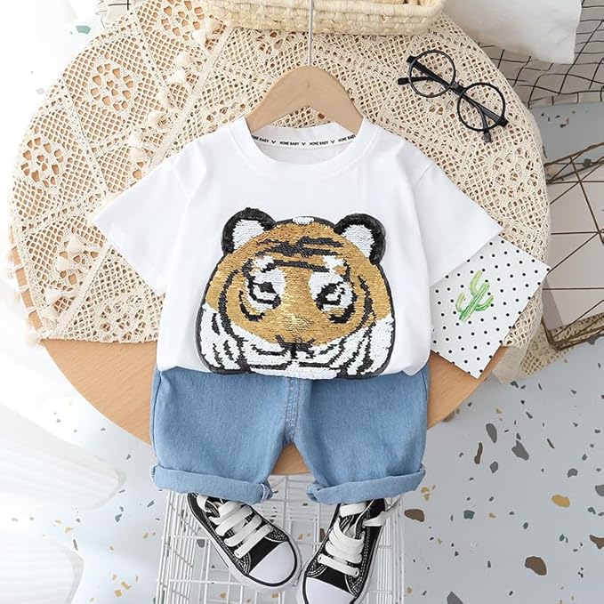 Boy's White Tiger Print T-Shirt & Shorts Set