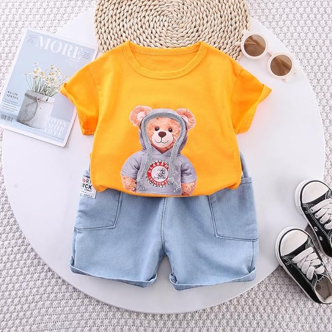 Boy's Orange Teddy Print T-Shirt & Shorts Set