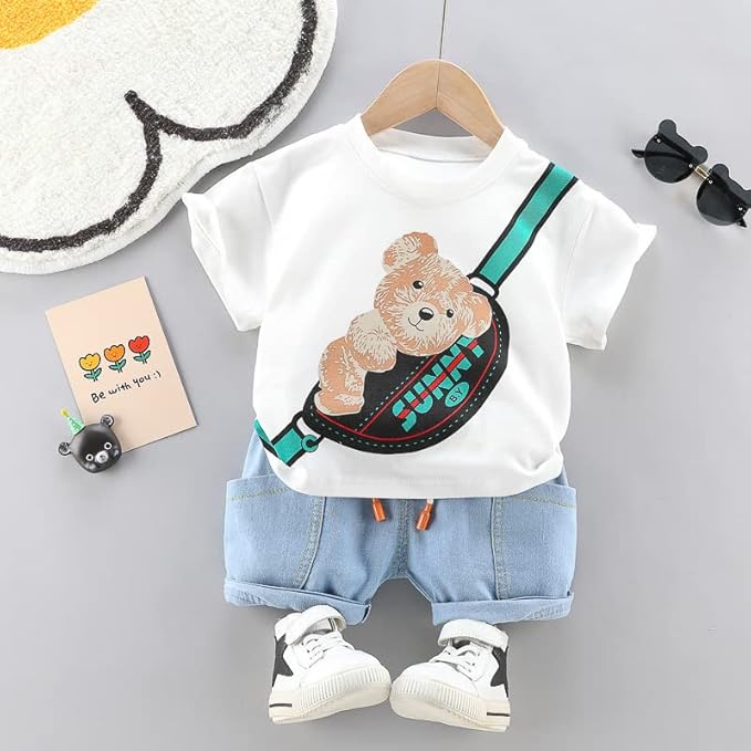 Boy's White Teddy Print T-Shirt & Denim Shorts Set