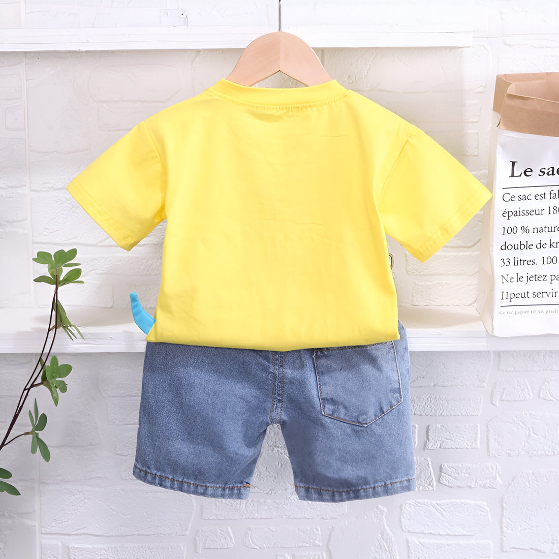 Boy's Cotton Printed T-Shirt with Denim Shorts Set in yellow Colour ( Yellow Super Dino)