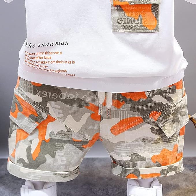 Boy's White Orange Pocket T-Shirt & Shorts Set