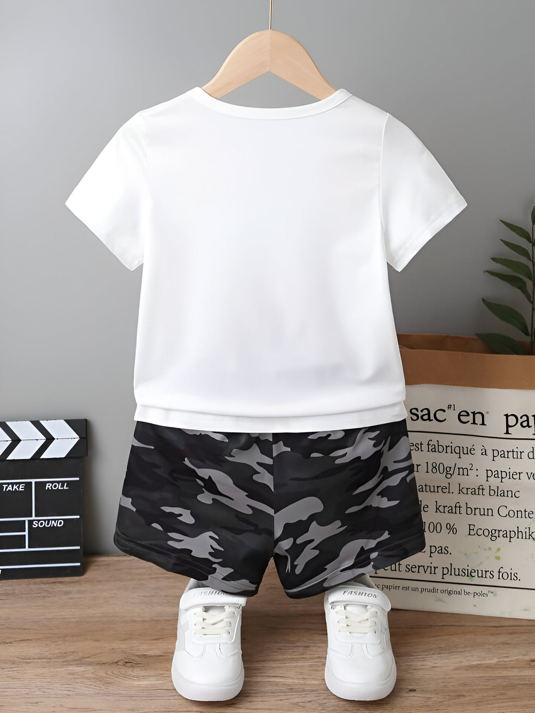 Boy's Cotton Printed T-Shirt with  Shorts Set in white Colour (cameo dino print)