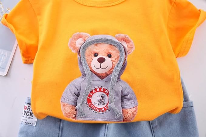 Boy's Orange Teddy Print T-Shirt & Shorts Set