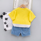 Boy's Yellow Print T-Shirt & Denim Shorts Set