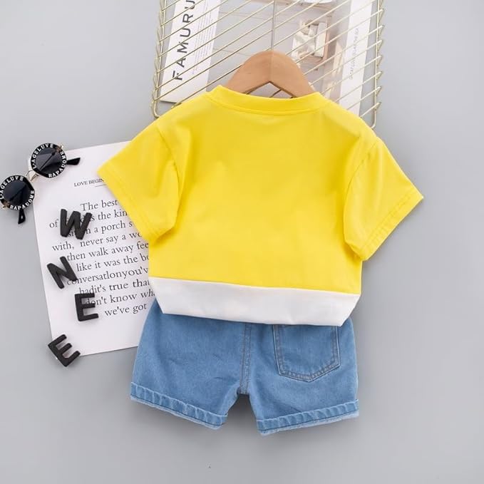 Googo Gaaga Boys Cotton printed T-Shirt with Denim Shorts in Yellow Colour