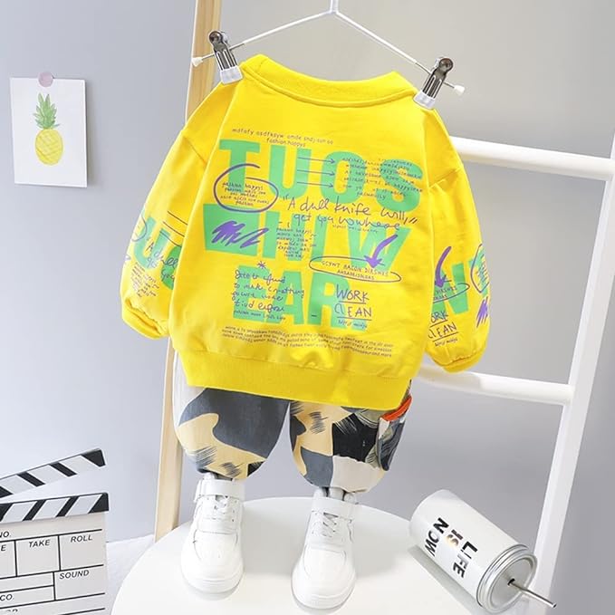 Boy's Yellow Print Sweatshirt & Pants Set