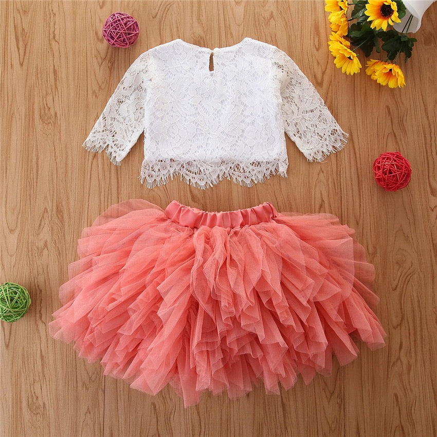 Googogaaga Girl's Polycotton Lace Detailed Top with Skirt in Pink and White Color