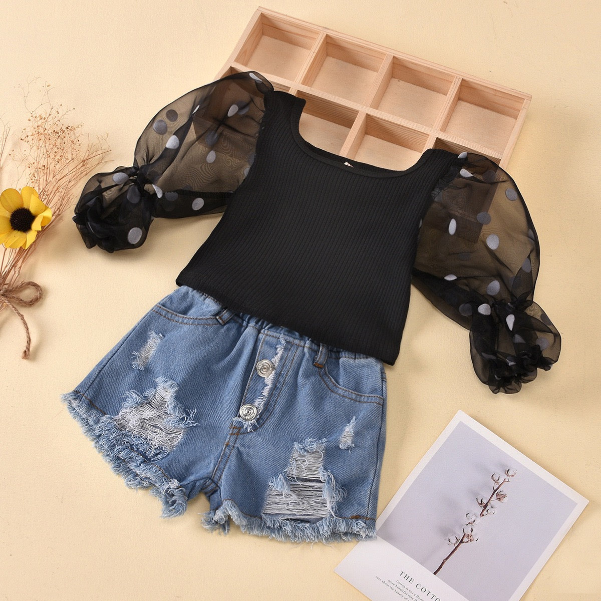 Girl's Puff-Sleeve Top & Denim Shorts Set
