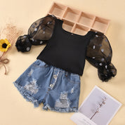 Girl's Puff-Sleeve Top & Denim Shorts Set