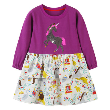 Googogaaga Girl's Cotton Purple Colored Frock With Sequence Detailing