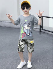 Boy's Camouflage Round Neck T-Shirt & Shorts Set