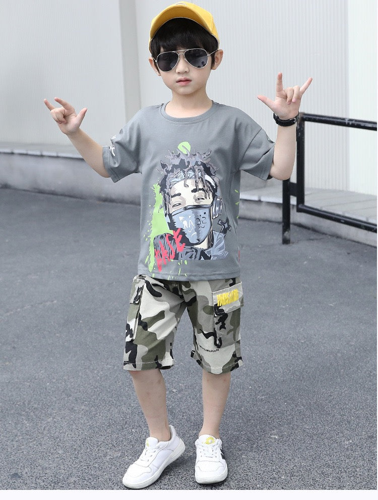 Googo Gaaga Boys Cotton Round Neck T-Shirt With Camouflage Shorts