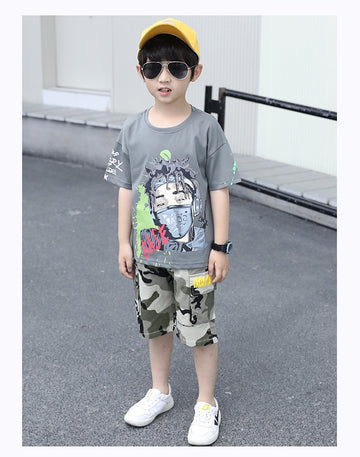 Googo Gaaga Boys Cotton Round Neck T-Shirt With Camouflage Shorts