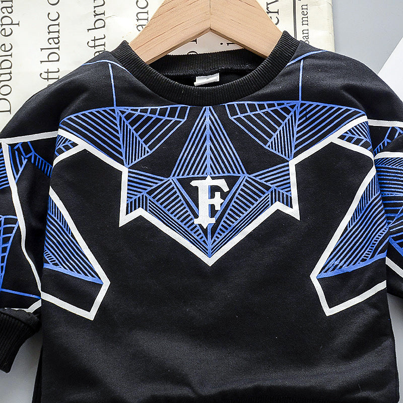 Boy's Navy Blue Print Sweatshirt & Pants Set