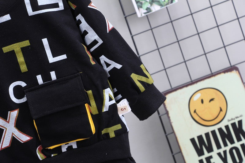 Boy's Black Pocket Sweatshirt & Pants Set