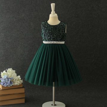 Googo Gaaga Girl's Pearl Embellished Dress In Green Colour