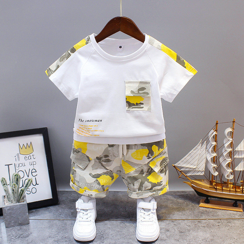 Boy's Yellow Pocket Print T-Shirt & Cameo Shorts Set