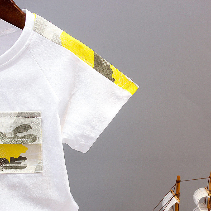 Boy's Yellow Pocket Print T-Shirt & Cameo Shorts Set