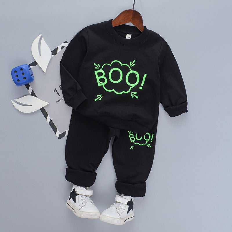 Boy's Boo Print Sweatshirt & Pants Set