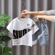 Boy's White Print T-Shirt & Denim Shorts Set