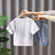 Boy's White Print T-Shirt & Denim Shorts Set