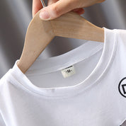 Boy's White Print T-Shirt & Denim Shorts Set
