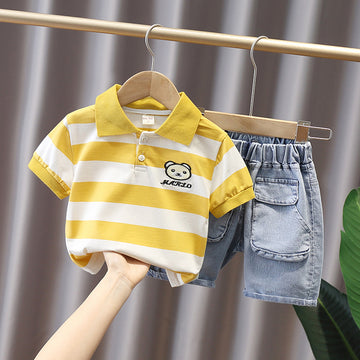 Googo Gaaga Boys Collared T-Shirt With Denim Shorts In Yellow Colour