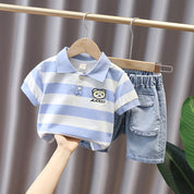 Boy's Blue Collared T-Shirt & Denim Shorts Set