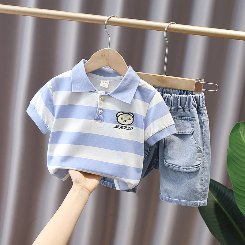 Googo Gaaga Boys Collared T-Shirt With Denim Shorts In Blue Colour