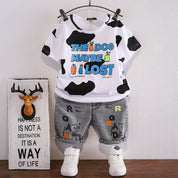 Boy's White Print Crew Neck T-Shirt & Denim Shorts Set
