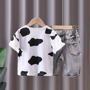 Boy's White Print Crew Neck T-Shirt & Denim Shorts Set